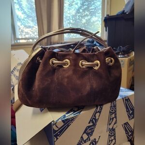 Kate Spade Brown Suede Leather Dot Print Gold Leather Drawstring bag